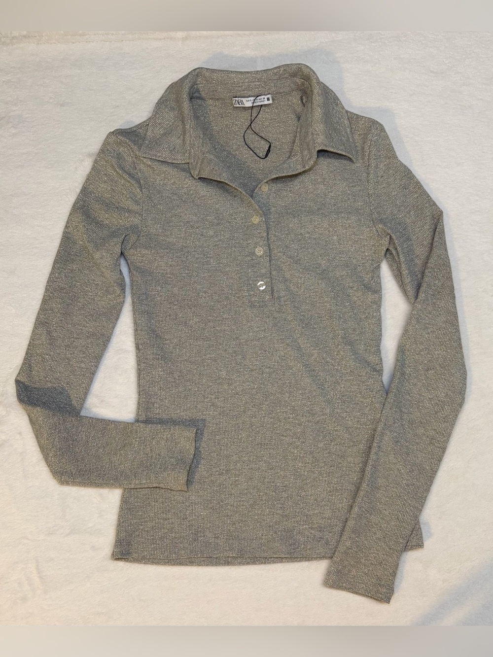 Zara Gray Long Sleeve Polo Knit Top